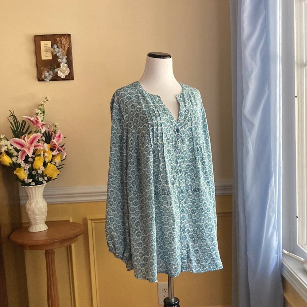 Terra & Sky Blue Drapy Buttondown Shirt, Size 1X